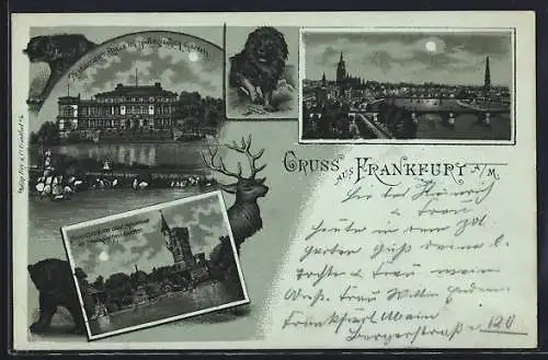 Mondschein-Lithographie Frankfurt-Ostend, Restaurant im Zoologischen Garten, Aussichtsturm und Aquarium, Teilansicht