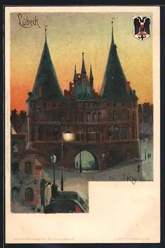 Künstler-AK Heinrich Kley: Lübeck, Holsten-Tor im Abendlicht