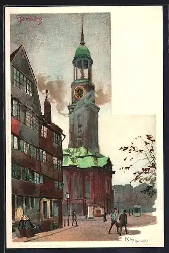 Künstler-AK Heinrich Kley: Hamburg, Strassenbahn an der Kirche