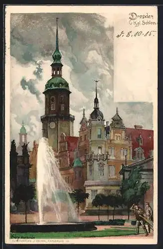 Künstler-AK Heinrich Kley: Dresden, Königliches Schloss, Wasserfontaine