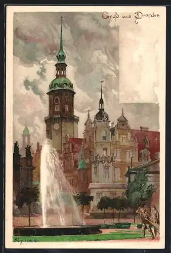 Künstler-AK Heinrich Kley: Dresden, Königliches Schloss, Wasserfontaine