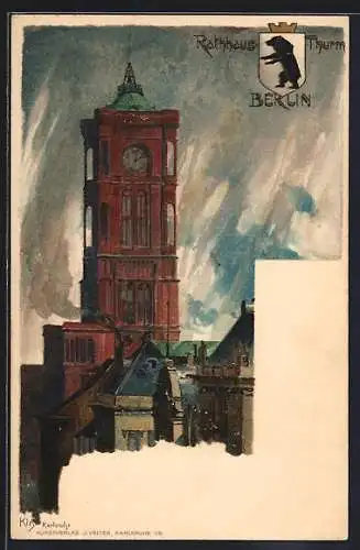 Künstler-AK Heinrich Kley: Berlin, Der Rathausturm, Königstrasse, Wappen mit Berliner Bär