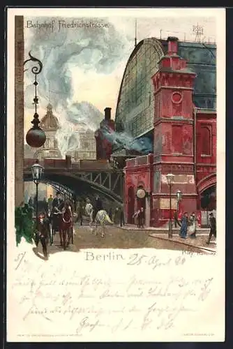 Künstler-AK Heinrich Kley: Berlin, Bahnhof Friedrichstrasse mit Leuten auf der Strasse