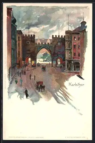 Künstler-AK Heinrich Kley: München, Pferdebahn und Pasanten am Karlstor