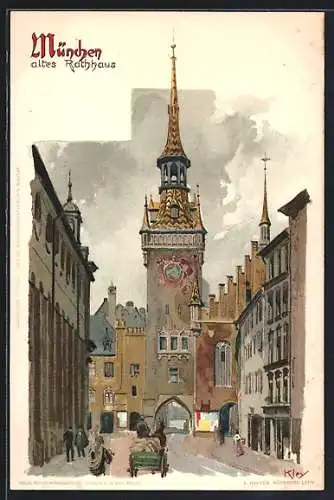 Künstler-AK Heinrich Kley: München, Blick zum alten Rathaus, Kutschen, Leute