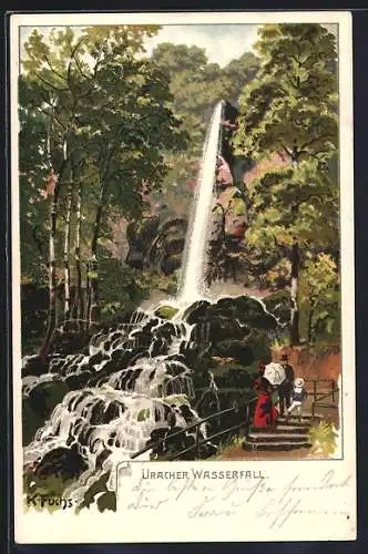 Künstler-Lithographie Bad Urach, Uracher Wasserfall mit Familie