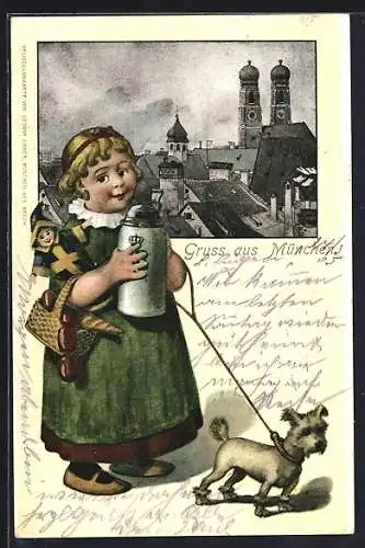 AK München, Mädchen mit Münchnerkindl-Puppe und Hund