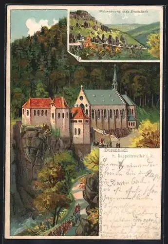 Lithographie Rappoltsweiler i. E., Dusenbach mit Kirche