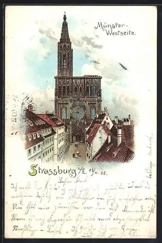 Lithographie Westseite des Münsters in Strassburg