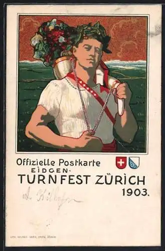 AK Zürich, Turnfest 1903, Turner trägt Füllhorn mit Blumen