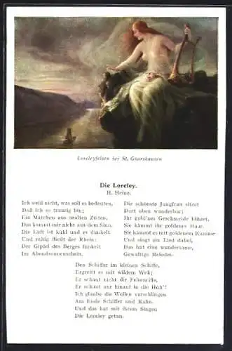 AK St. Goarshausen, Loreley auf dem Loreleyfelsen, Gedicht Die Loreley v. H. Heine