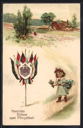 AK Grüsse zum Pfingstfest, Schild mit Wappen und deutschen Fahnen und kleines Mädchen