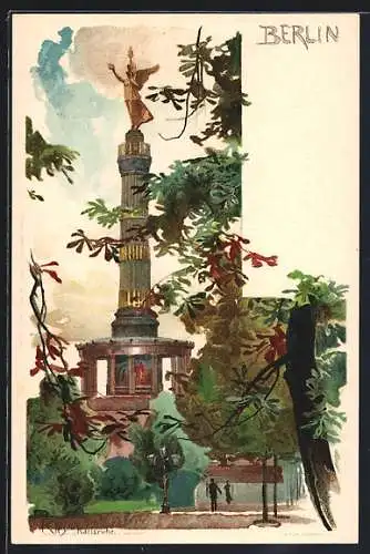 Künstler-AK Heinrich Kley: Berlin, Siegessäule hinter herbstlichem Laub