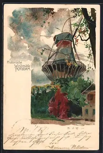 Künstler-AK Heinrich Kley: Potsdam, Historische Windmühle mit herbstlichem Laub