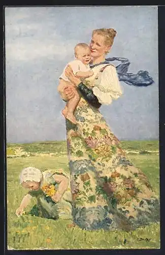 Künstler-AK Dresden, Margarittentag 1911, Frau mit Kindern auf der Wiese