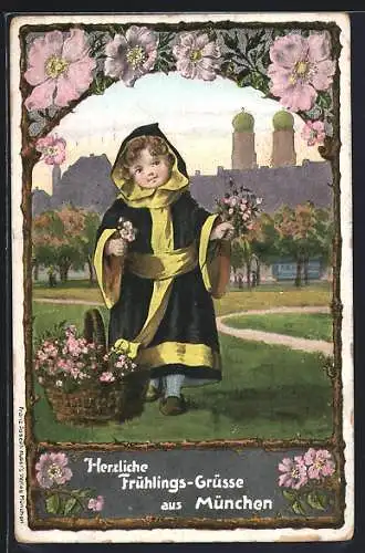 Künstler-AK Münchner Kindl mit Blumen und Frauenkirche