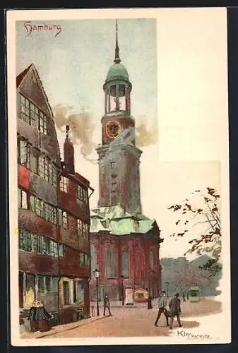 Künstler-AK Heinrich Kley: Hamburg, Strassenbahn an der Kirche