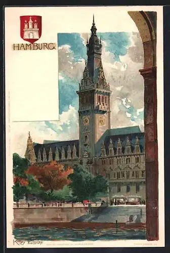 Künstler-AK Heinrich Kley: Hamburg, Rathauspartie mit Strassenbahn und Fluss davor