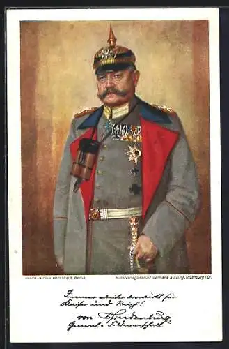 AK Generalfeldmarschall Paul von Hindenburg, Portrait in Uniform mit Ausspruch und Signatur