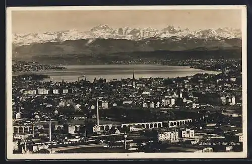 AK Zürich, Totalansicht aus der Vogelschau mit den Alpen