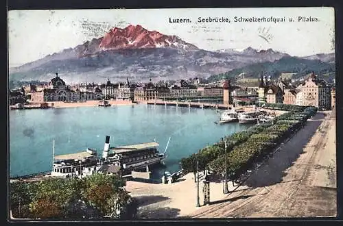 AK Luzern, Seebrücke, Schweizerhofquai u. Pilatus, Dampfer