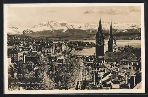 AK Zürich, Ortsansicht mit Blick in die Alpen