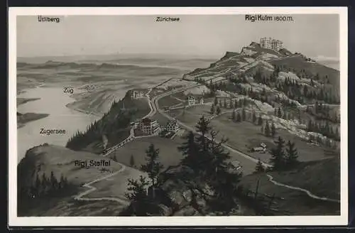 AK Rigi Kulm, Das Hotel von Rigi-Staffel aus, Blick auf Zug, Zugersee, Ütliberg, Zürichsee