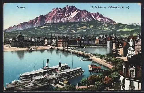 AK Luzern, Seebrücke und Pilatus mit Dampfern