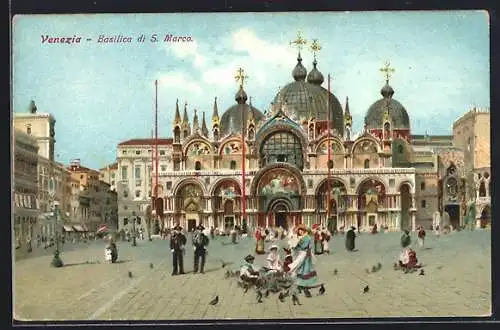 AK Venezia, Basilica di S. Marco mit Tauben und Leuten