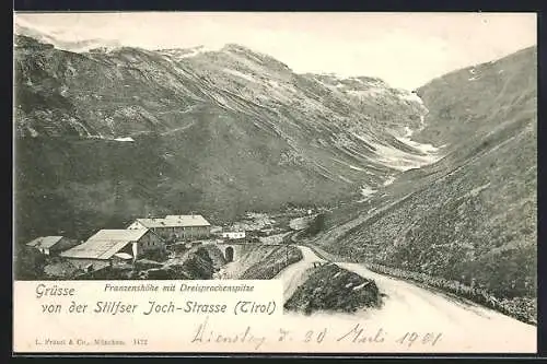 AK Stilfserjoch, Stilfserjochstrasse, Franzenshöhe mit Dreisprachenspitze