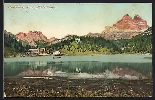 AK Misurinasee, Gebäude am Ufer mit Drei Zinnen