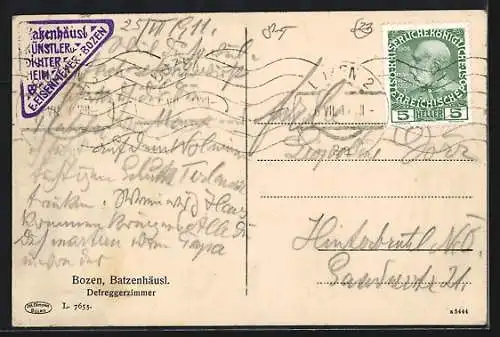 AK Bozen /Süd-Tirol, Gasthof Batzenhäusl, Defreggerzimmer