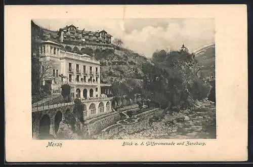 AK Meran, Blick auf die Gilfpromenade und Zenoburg