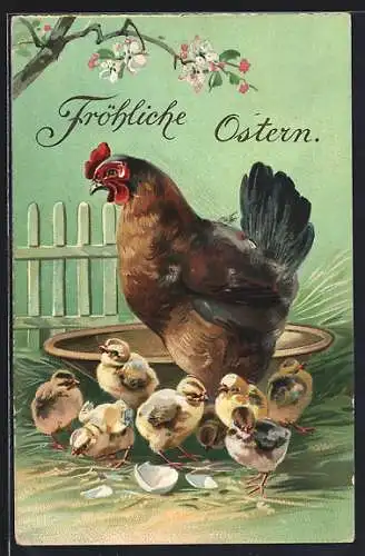 AK Huhn mit Küken am Wassernapf, Ostern