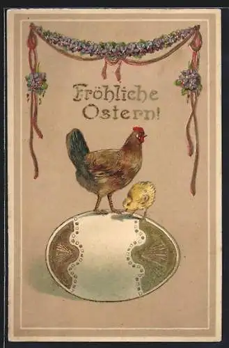 AK Henne und Osterküken auf einem Ei