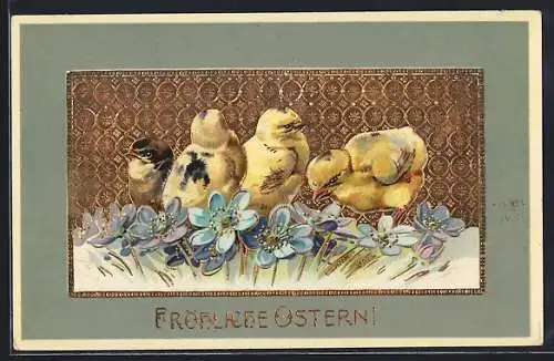 AK Vier Osterküken und Blumen, Goldener Hintergrund, Ostergruss