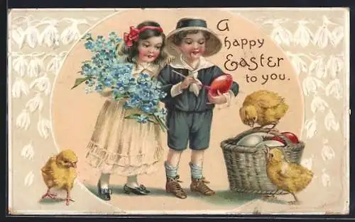 AK Kinderpaar mit Osterkorb und Osterküken, Ostergruss