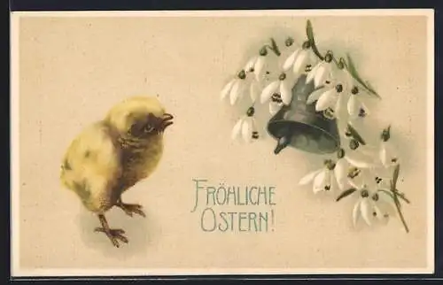 Präge-AK Osterküken und Schneeglöckchen mit Glocke, Ostergruss