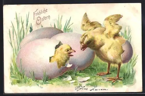 Lithographie Fröhliche Ostern!, Schlüpfende Osterküken