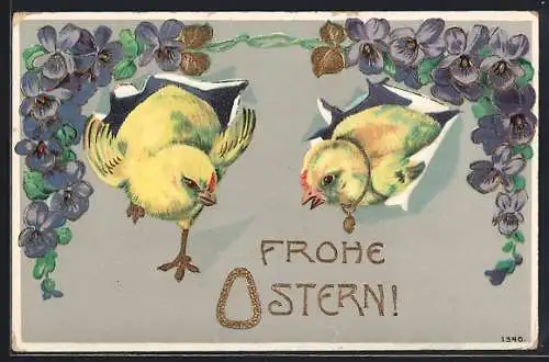 Präge-AK Zwei Osterküken in Briefumschlägen, Blumen, Ostergruss