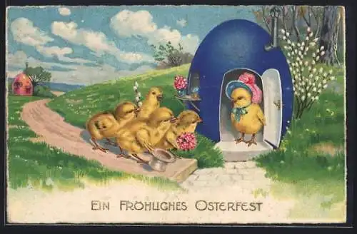 AK Osterküken-Dame empfängt Kükenbesuch im Eierhäuschen, Ostergruss