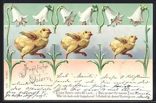 Lithographie Drei Osterküken unter weissen Glockenblumen, Ostergruss