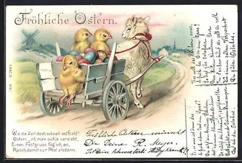 Lithographie Osterküken mit Ostereiern im Wagen mit Osterlamm als Zugtier, Ostergruss