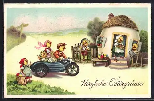 AK Osterkükenfamilie im Eierhäuschen und Osterküken-Familie auf Motorrad mit Beiwagen, Ostergruss