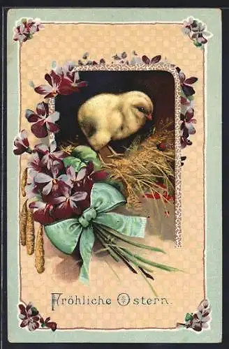 AK Fröhliche Ostern, Küken, Stiefmütterchen und Marienkäferchen