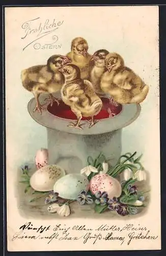 AK Osterküken am Rande eines Zylinders, bemalte Eier und Vergissmeinnicht