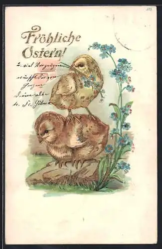 Präge-Lithographie Zwei Osterküken mit Vergissmeinnicht, Ostergruss