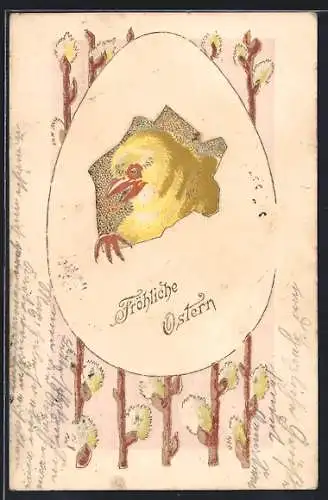 Lithographie Fröhliche Ostern, Osterküken schlüpft aus Ei