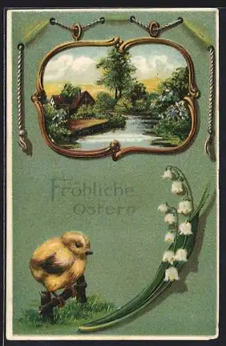 Präge-AK Osterküken und Maiglöckchen, Flusspartie im Frühling, Ostergruss