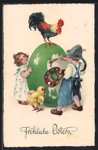 AK Kleines Paar beim Bemalen eines Ostereis, Huhn, Küken, Ostergruss